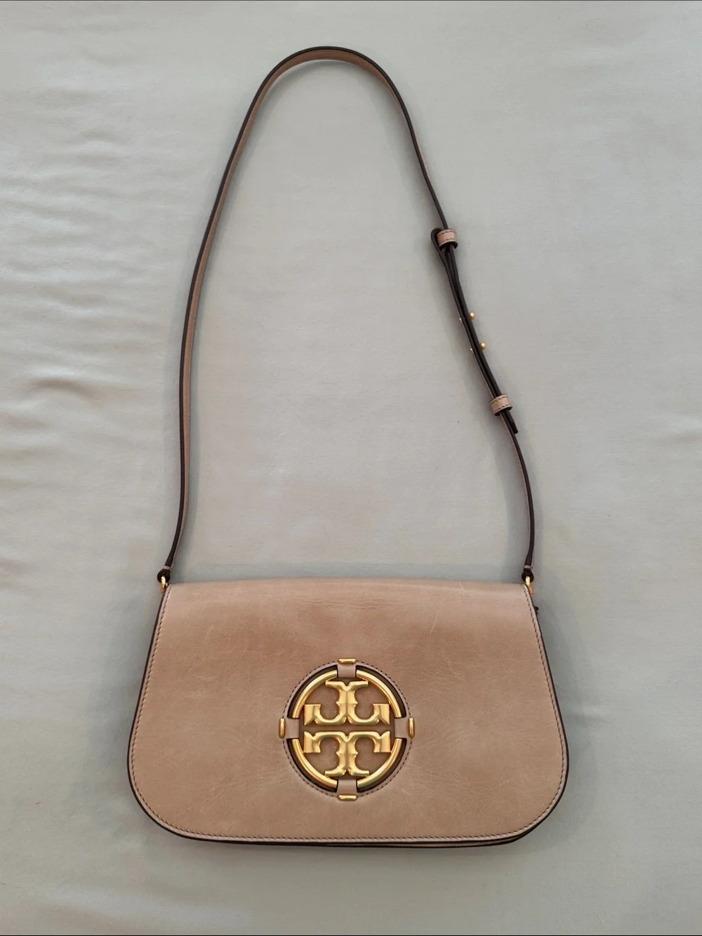 Tory Burch Taupe Miller Leather Bag with Gold Logo